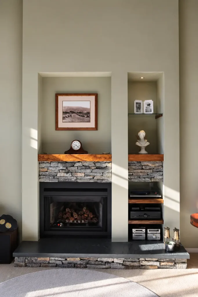 010CL – Fireplace Renovation with a Natural Edge Wood Mantel & Stone Surround