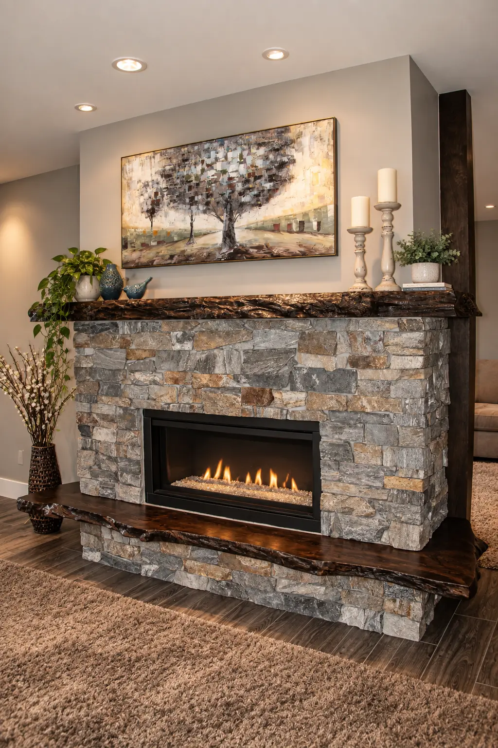 Double-sided natural stone fireplace with custom natural edge wood mantels by Pacific Living Contracting