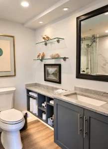 Modern Vancouver bathroom renovation with marble-look walk-in shower and custom vanity by Pacific Living Contracting