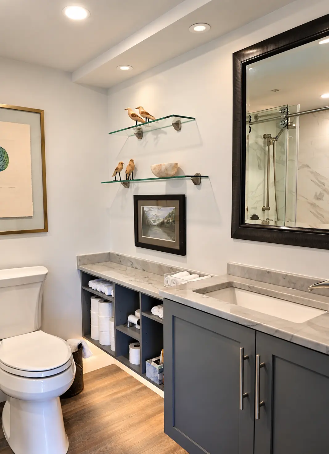 Modern Vancouver bathroom renovation with marble-look walk-in shower and custom vanity by Pacific Living Contracting